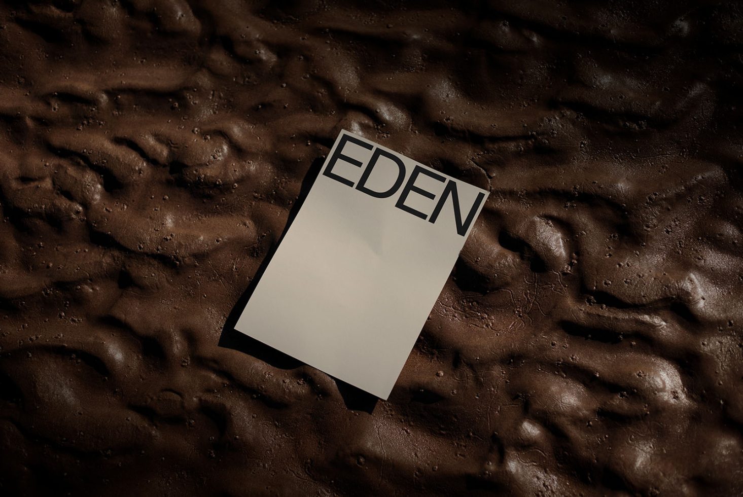 Mockup of a white card with word EDEN on textured brown background. Perfect for designers to showcase branding projects with an earthy feel.