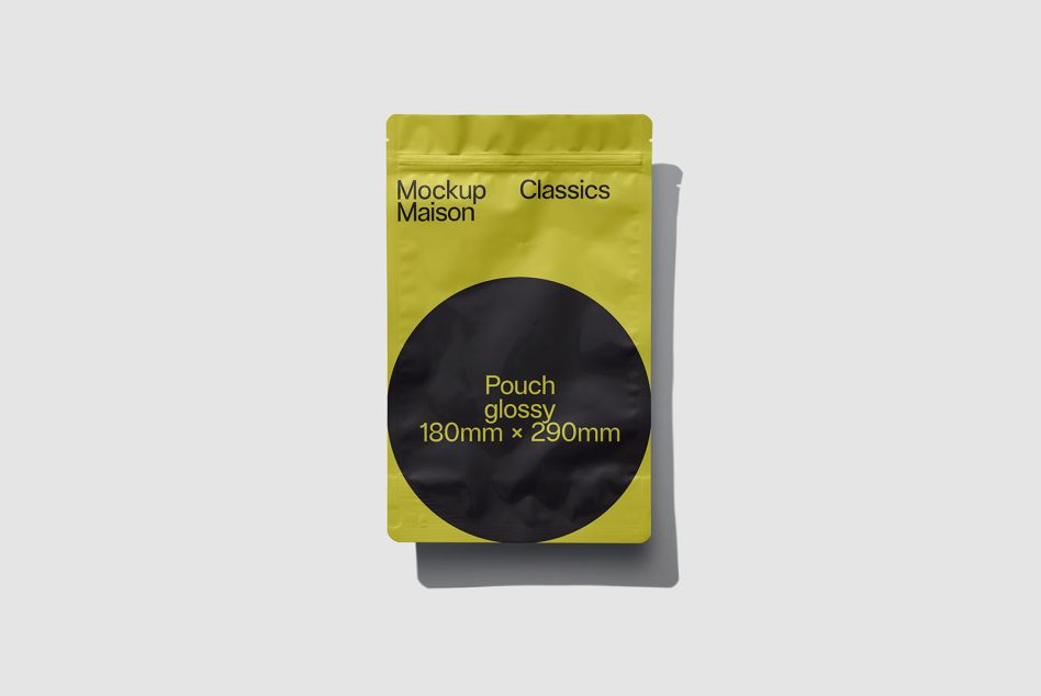 Yellow glossy pouch packaging mockup, 180x290mm, isolated on a white background for product design.