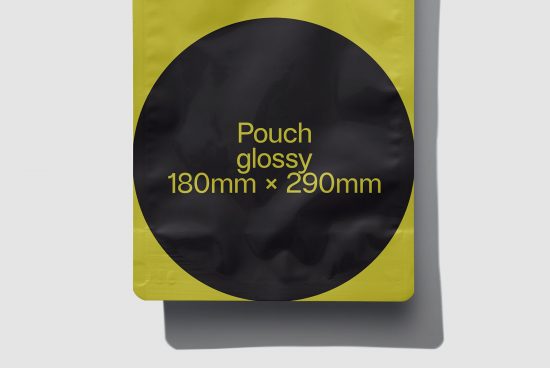 Yellow and black glossy pouch packaging mockup design, 180mm x 290mm size, standing pouch, editable template for designers.