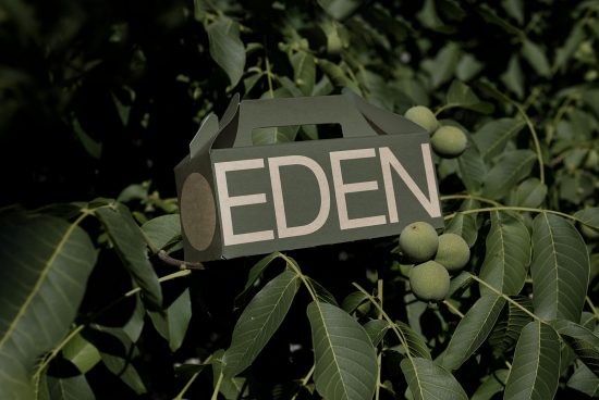 Eco-friendly packaging mockup with 'EDEN' text, suspended among green leaves. Suitable for branding and sustainable design presentations.