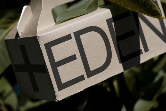 Cardboard package with bold typography design mockup against a natural leafy background, ideal for branding presentations.