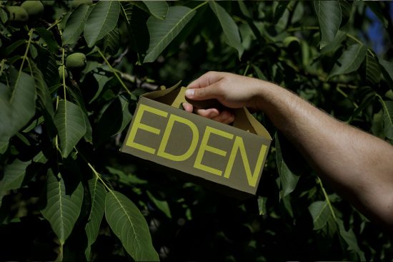 Hand holding cardboard with bold EDEN font in natural setting for eco-friendly design mockup with editable text.