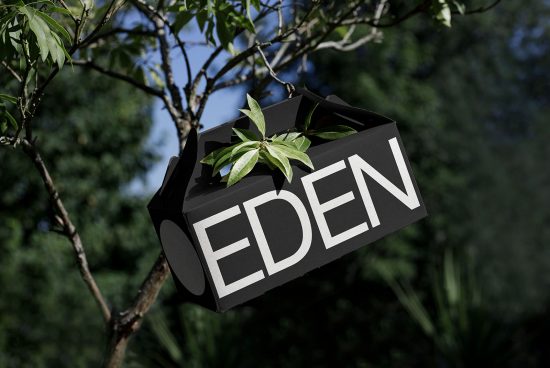 Black packaging box with bold 'EDEN' text hanging on a tree branch, showcasing a clear and modern font for logo design.