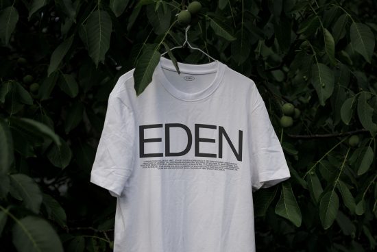 White t-shirt mockup with bold EDEN text design on hanger amid green leaves for presentation of apparel graphics and font showcase.