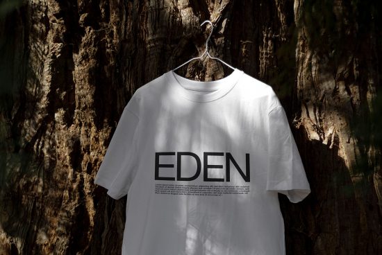 White t-shirt mockup hanging on a hanger against a textured tree bark, natural light casting shadows, ideal for branding design presentations.