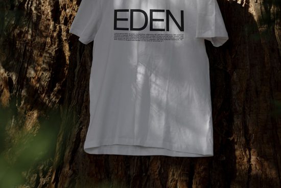 White t-shirt mockup with text design hanging on a textured tree bark, natural shadows, realistic outdoor apparel presentation.