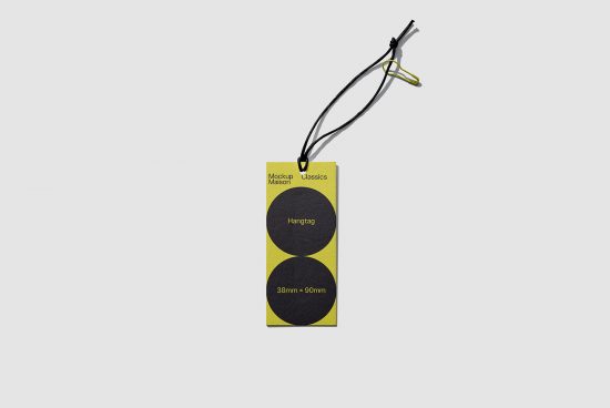 Clothing hangtag mockup with black cord on white background, featuring a modern design, ideal for branding presentations and design portfolios.
