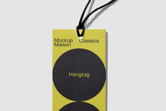 Yellow hangtag mockup with black cord and elegant design, ideal for branding and packaging presentations by designers.