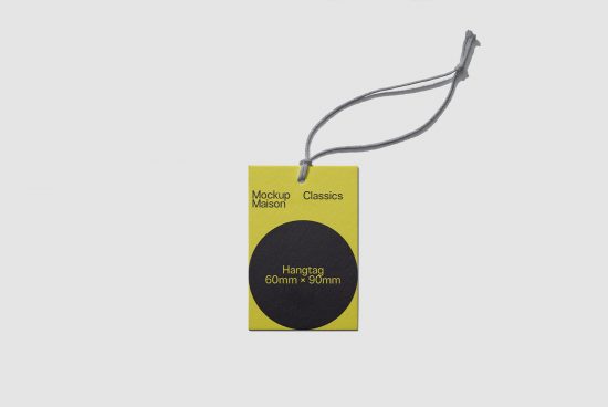 Yellow-black clothing hangtag mockup with string on white background, ideal for designers to showcase branding graphics and fonts.