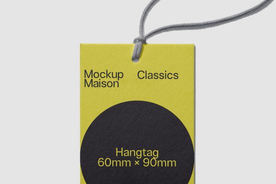 Yellow and black hangtag mockup design 60mm x 90mm with string, isolated on white background, ideal for branding projects and presentations.