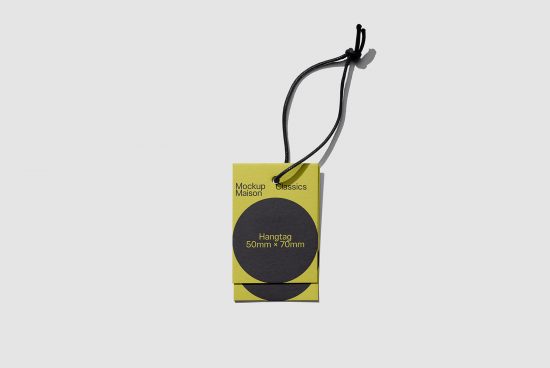 Professional hangtag design mockup, 50mm x 70mm size, with black and yellow color scheme on a neutral background, perfect for branding presentations.