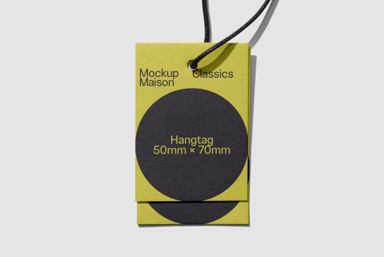 Yellow and black hangtag mockup design with dimensions, isolated on white background, ideal for branding and packaging presentations for designers.