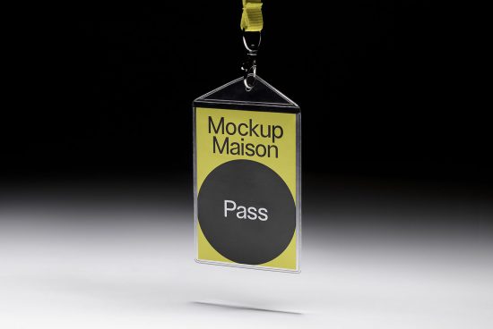 Lanyard ID badge mockup with yellow strap and customizable design space, isolated on a dark background, ideal for branding and identity graphics.