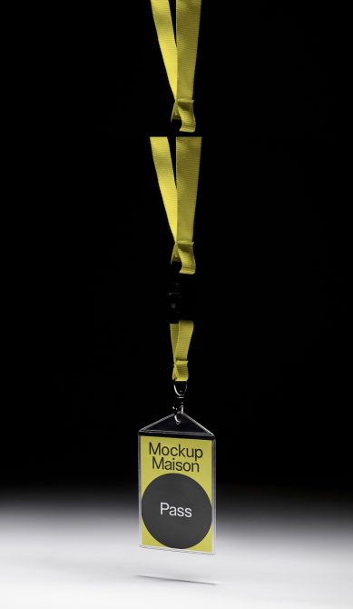 Lanyard pass mockup with yellow strap and customizable badge design on a dark background, ideal for event branding presentations.