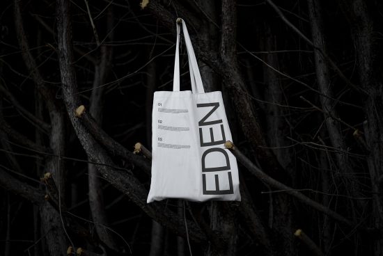 White tote bag with bold Eden text design mockup hanging on dark tree branches, stark contrast, ideal for showcasing typography and branding designs.