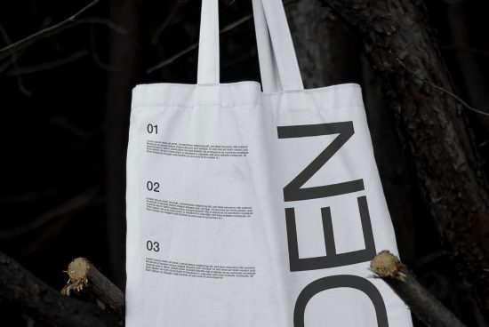 White tote bag mockup with bold typography design hanging on a dark natural background ideal for eco-friendly brand presentations.