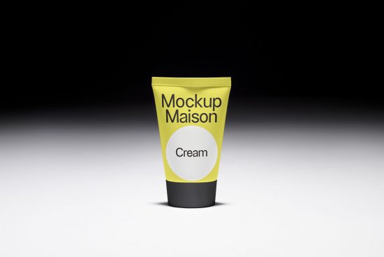 Yellow cream tube packaging mockup on a dark background, perfect for design presentations and cosmetic product visualizations.