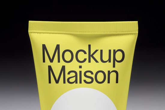 Yellow packaging mockup with bold Mockup Maison text for product design, isolated on a gradient background, essential for branding presentation.