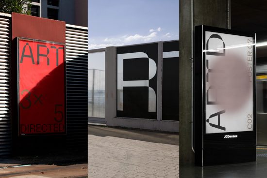 Three design posters with bold 'ART' typography in urban settings, showcasing contrast and layout for mockup inspiration.