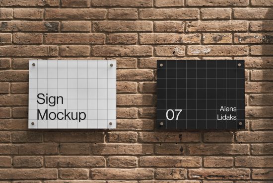 Two sign mockups on a brick wall, showcasing editable design space for logos, corporate identity, and advertising for designers.