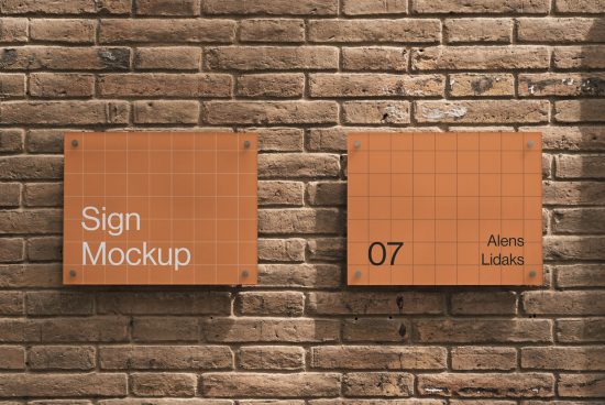 Two sign mockups on a textured brick wall, ideal for presentation of branding designs to enhance portfolios of graphic designers.
