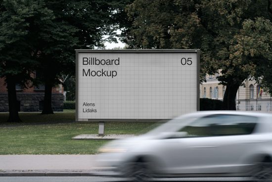 Outdoor billboard mockup in urban setting with trees and blurred moving car, ideal for advertising presentation and design showcase.