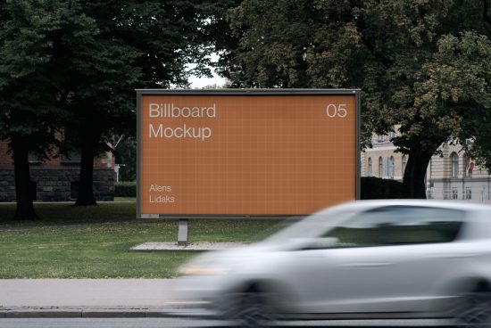 Outdoor billboard mockup in an urban setting with a dynamic blurry car passing by, ideal for realistic advertising display presentation.