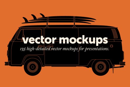 Vector mockup of a classic van with surfboards, ideal for presentations, part of a collection of 135 high-detailed vector graphics for designers.