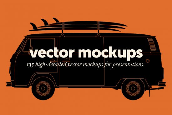 Vector mockup of a classic van with surfboards, ideal for presentations, part of a collection of 135 high-detailed vector graphics for designers.
