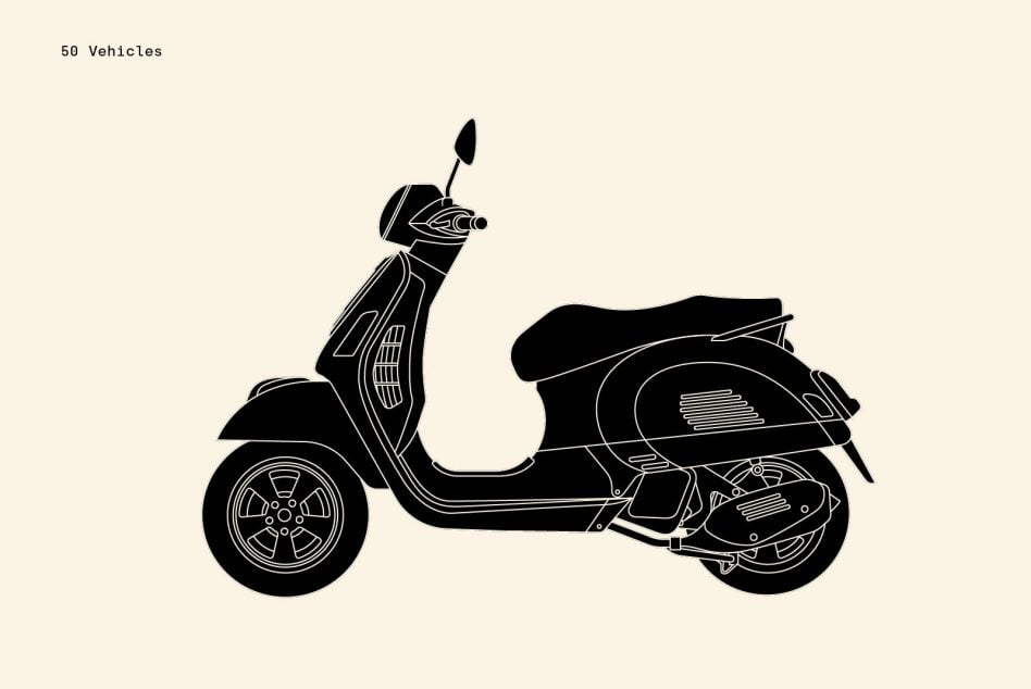 Single scooter line drawing with detailed wheel decoration