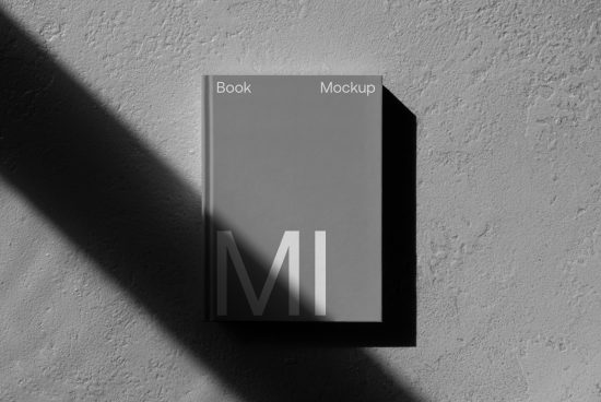 Monochrome book cover mockup with shadow overlay, minimalist design, appealing for portfolio presentation and template showcase.
