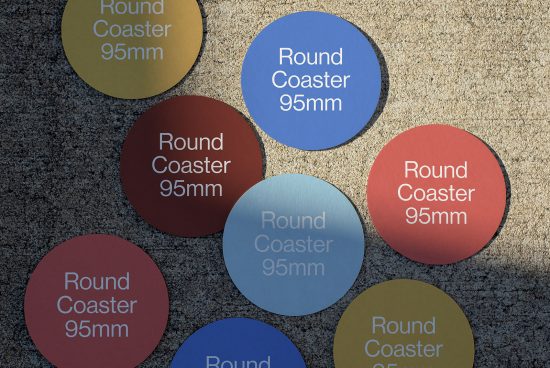 Colorful round coaster mockups on textured surface with shadows, showcasing 95mm diameter design space, ideal for graphics display.