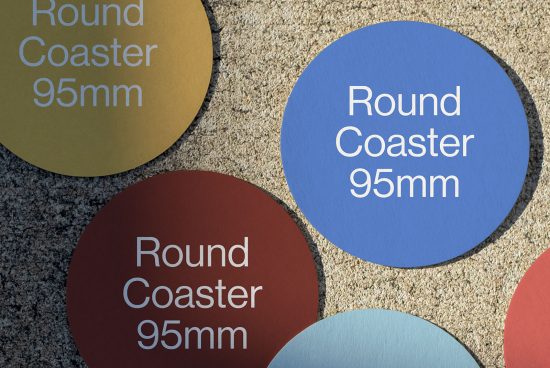 Colorful round coaster mockups with shadow overlay, displaying product design, 95mm diameter, on textured background for branding.