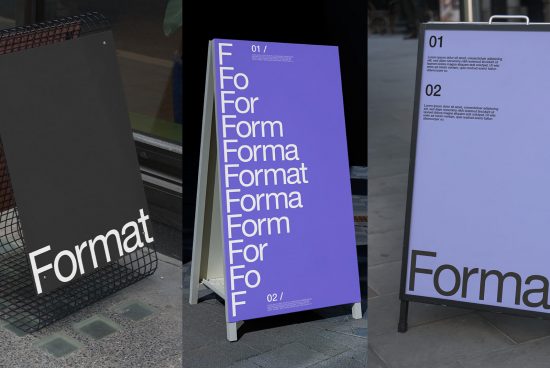 Triple display of modern signage mockups in urban settings for showcasing branding, graphics, and typography designs by creative professionals.