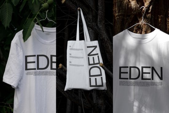 White t-shirt and tote bag mockup with bold EDEN typography against natural backdrop perfect for showcasing apparel and accessory designs.