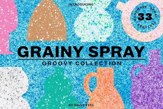 Colorful Grainy Spray textures for design featuring overlay shapes, vibrant with a handmade feel, ideal for backgrounds or graphics.