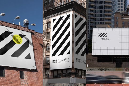Urban outdoor advertising mockups in different settings, including a building wrap and billboard with editable design elements.
