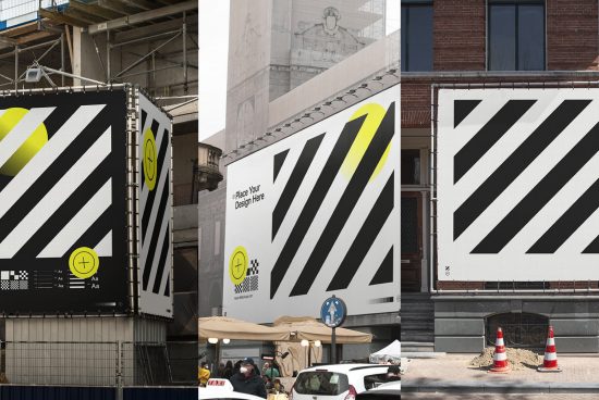 Outdoor advertising mockups with bold diagonal stripes and editable design space, showcased in urban settings, ideal for designers creating brand visuals.