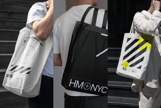 Tote bag mockup with three people showcasing different designs on white and black bags, useful for presenting graphics and branding designs.