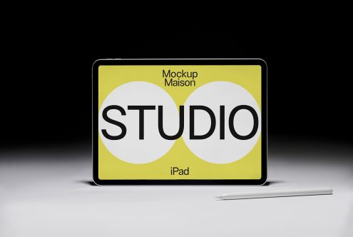 Modern iPad mockup on a dark background with stylus, showcasing a digital studio design interface for designers.