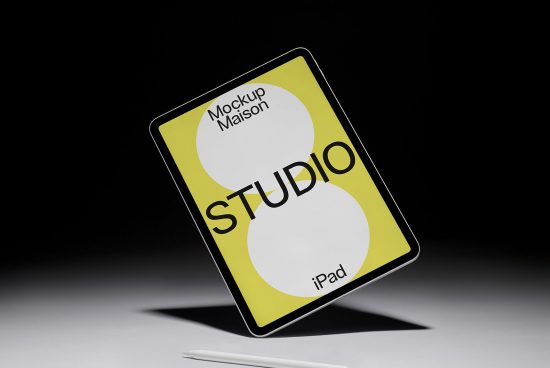iPad mockup with stylus on a dark background, showcasing digital graphics template, ideal for designers' presentations.