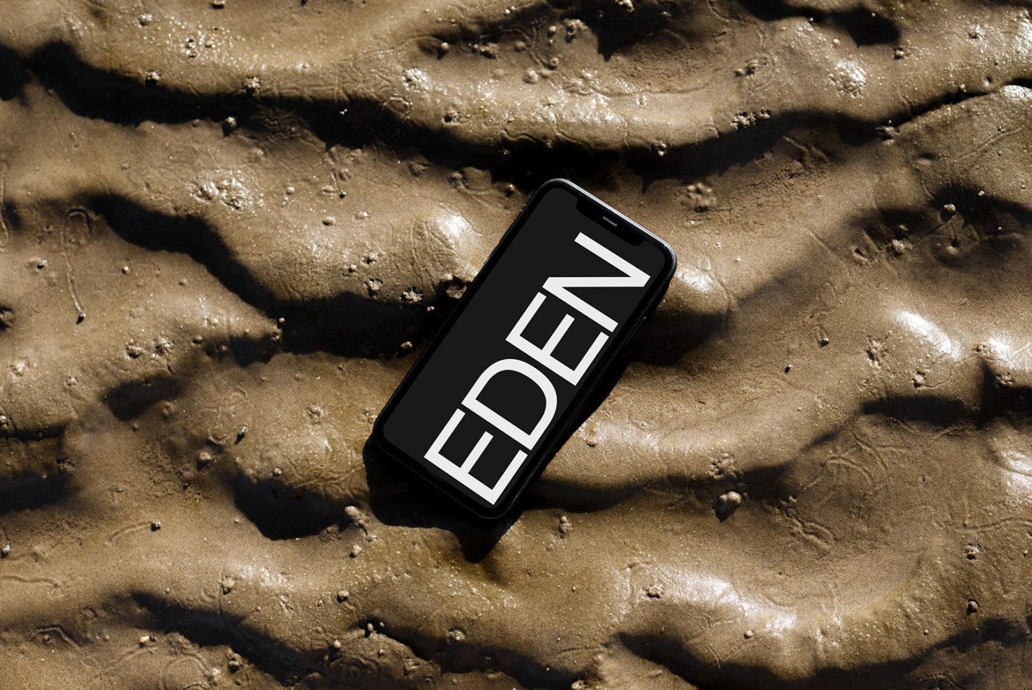 Smartphone on wet sand mockup displaying bold EDEN font, ideal for showcasing interface designs or fonts in natural settings.