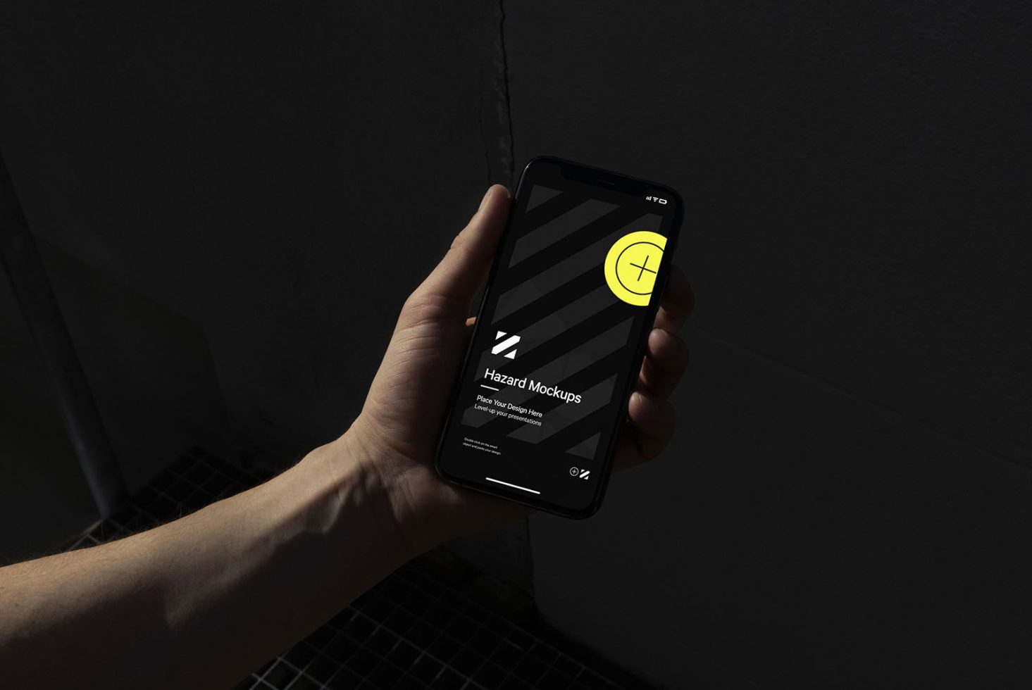 Hand holding smartphone with modern mockup display in dark setting ideal for UI presentation, app design showcase, digital asset for designers