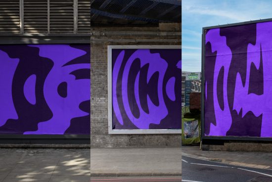 Purple abstract street art posters mockup on urban walls, showcasing design in real-world scenario, perfect for designers' portfolio.