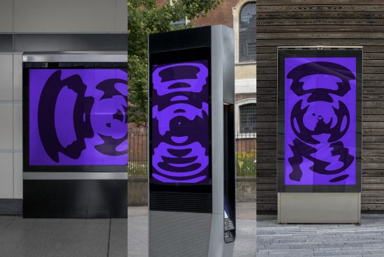 Digital ad display mockups in urban setting showcasing purple abstract art, ideal for outdoor media presentation, design template.