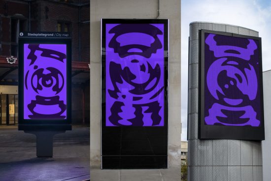 Outdoor advertising mockup featuring a purple abstract graphic on urban digital billboards suitable for presentations and portfolio display for designers.