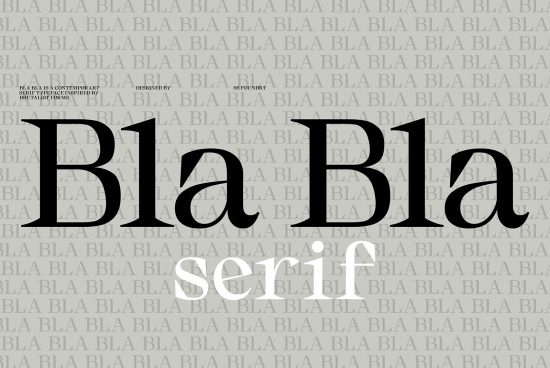 Serif font showcase with "Bla Bla" text, modern typeface design, black on gray repeating background, suitable for branding, invitations, design.