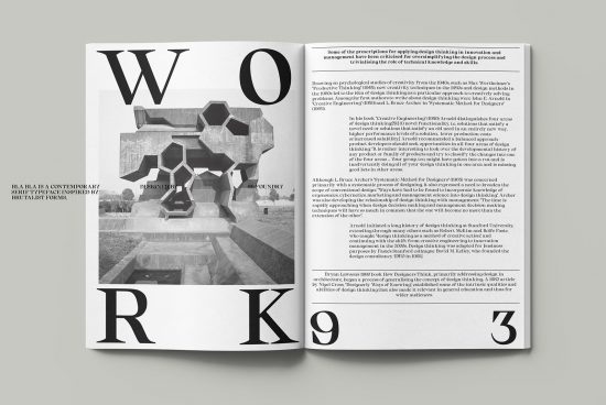 Open magazine mockup displaying serif typeface sample spread for graphic designers, focused on typography and layout design.