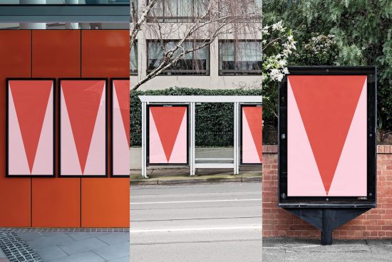 Urban outdoor advertising mockups showcasing posters with geometric designs on different backdrops—bus stop, wall, and information board.
