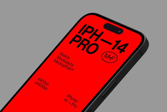 Red iPhone 14 Pro mockup by MockupFam angled view for digital asset showcasing, high-resolution screen detail for designers.